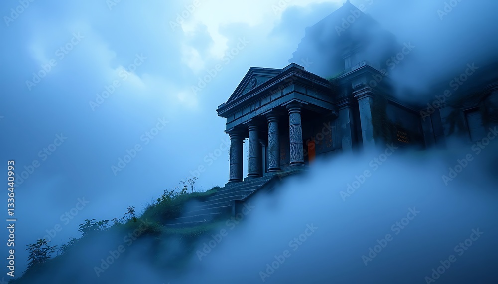 Obraz premium Mysterious Building on Hilltop Enveloped in Fog with Dramatic Lighting