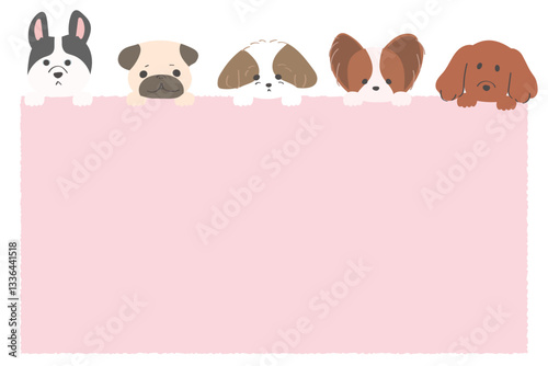 可愛い犬が上に乗ったフレーム　ペットショップや犬カフェのチラシに適したイラスト　テンプレート