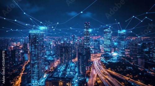 Wallpaper Mural Night city connected by digital network. Aerial view of urban lights.  Possible use Stock photo for technology, innovation, or future concepts Torontodigital.ca