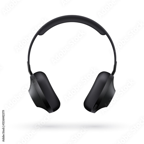 Music realistic black headphones front view isolated on light background. Vector 3d illustration.