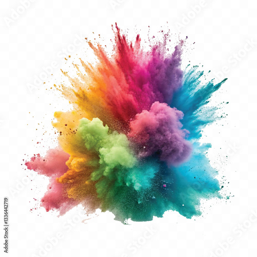 realistic 3d powder explosion of rainbow and holi colored  isolated on white background.