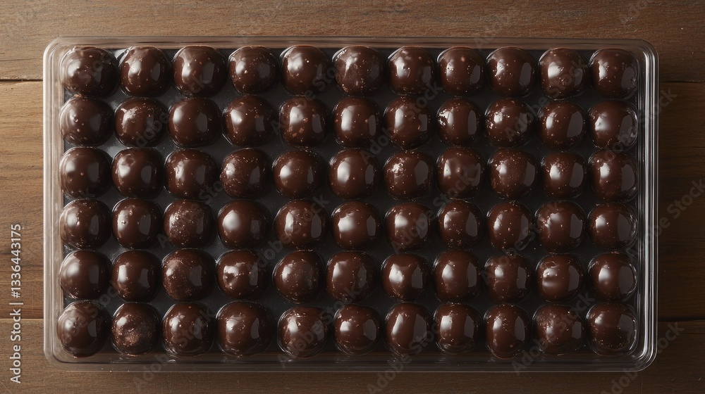Dark chocolate truffles arranged neatly inside a clear plastic tray Dark chocolate truffles arranged neatly inside a clear plastic tray