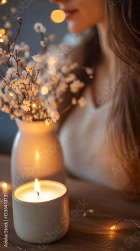 Lit candle, white flowers in vase, woman's shoulder blurred in background, warm lighting creates cozy ambiance, symbolizing relaxation and tranquility