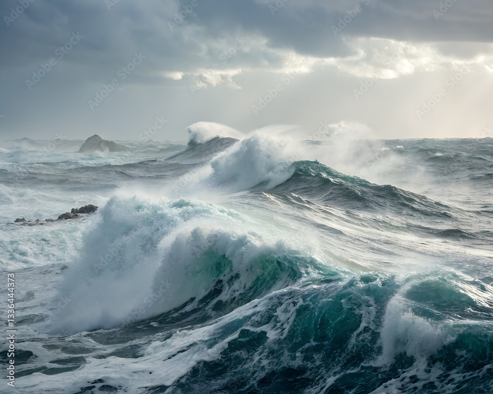 Fototapeta premium Powerful waves crashing against the rocky shore of the ocean.