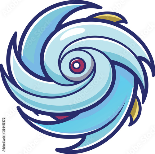 Spinning Cyclone Vector Illustration Design, A vector illustration of a dynamic spinning cyclone with blue swirling patterns and red and yellow accents, depicting motion.
