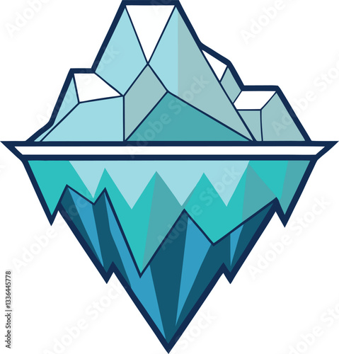 Geometric Floating Iceberg Vector Illustration Design, A vector illustration of a geometric floating iceberg with sharp, crystalline peaks and shades of blue, representing its icy structure.
