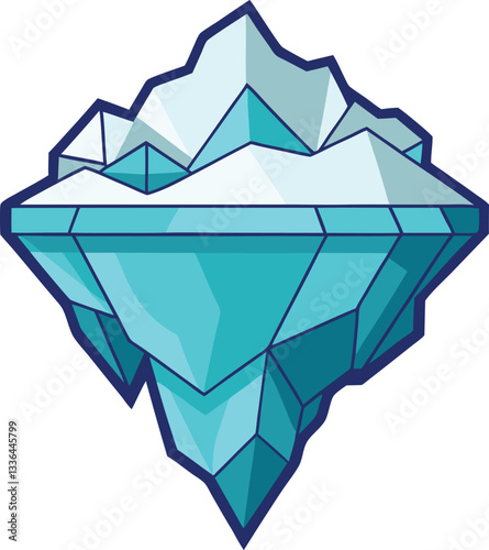 Geometric Floating Iceberg Vector Illustration Design, A vector illustration of a geometric floating iceberg with sharp edges and various shades of blue, showcasing its crystalline ice formation.
