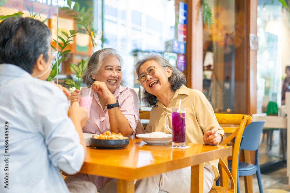 Fototapeta premium Happy Asian senior woman travel and shopping in the city on summer holiday vacation. Group of Healthy elderly women friends enjoy outdoor lifestyle having lunch eating food together at restaurant.