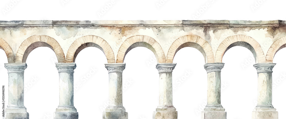 Fototapeta premium PNG Roman aqueduct arches architecture illustration watercolor.