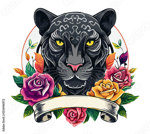A colorful panther with an intense gaze, surrounded by roses and ribbons, a dynamic composition with a strong outline and rich colors.