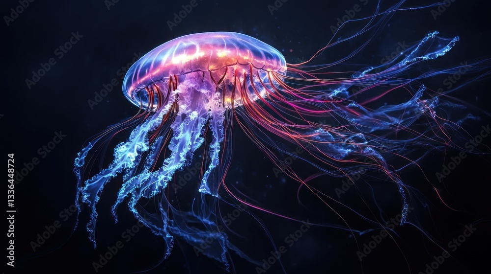 Obraz premium Glow jellyfish with bioluminescent tentacles swimming gracefully in deep sea
