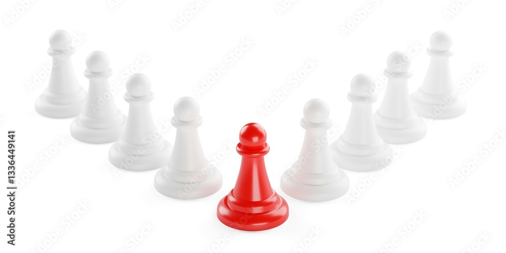 Red chess figure pawn leading other pawns on white background, leadership, success or standing out business concept, selective focus Red chess figure pawn leading other pawns on white background, leadership, success or standing out business concept, selective focus