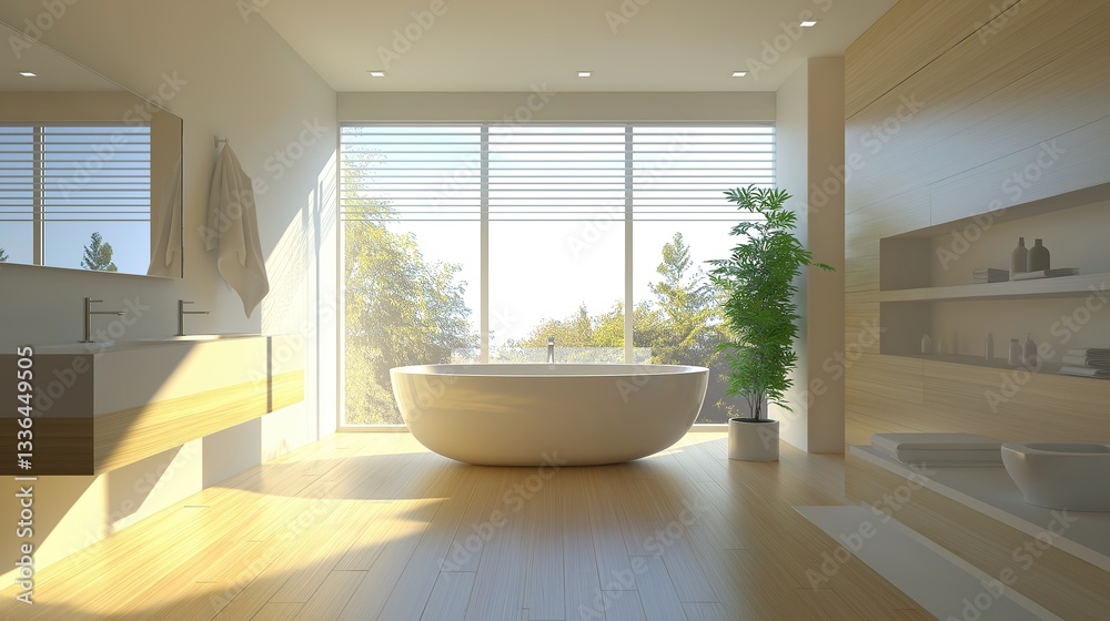 Fototapeta premium Modern Bathroom with Clean Design and Natural Light, Showcasing Simplicity and Elegance in Contemporary Interiors