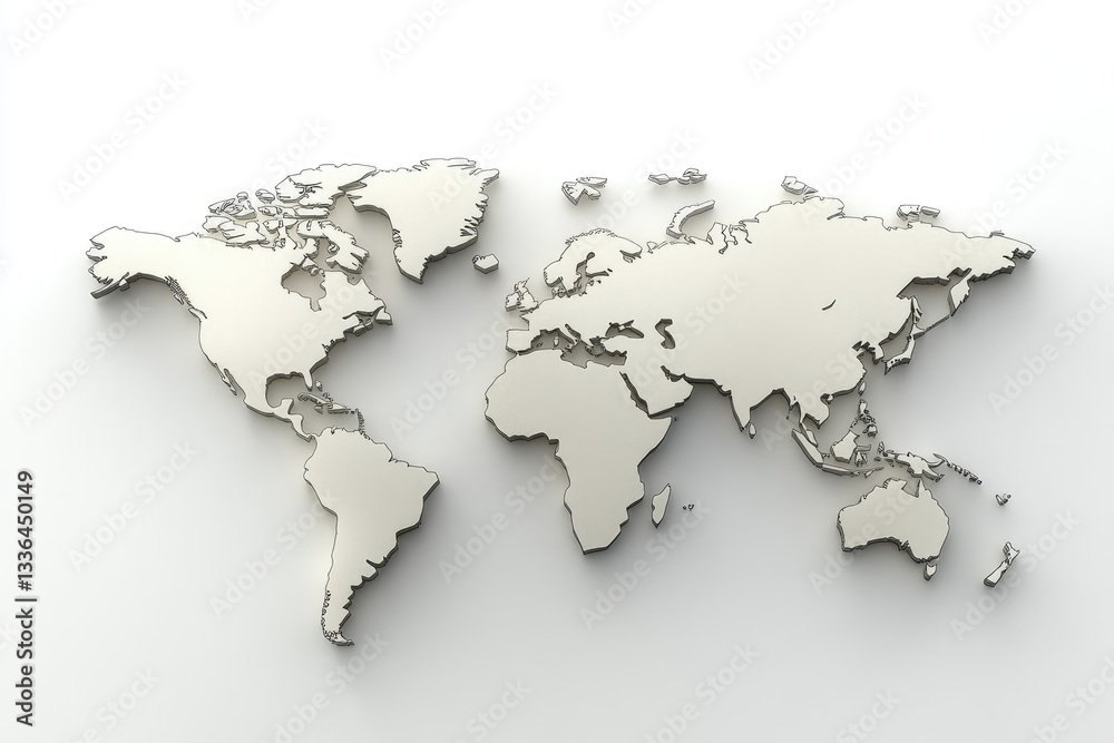 A metallic rendered illustration of the world map in perspective