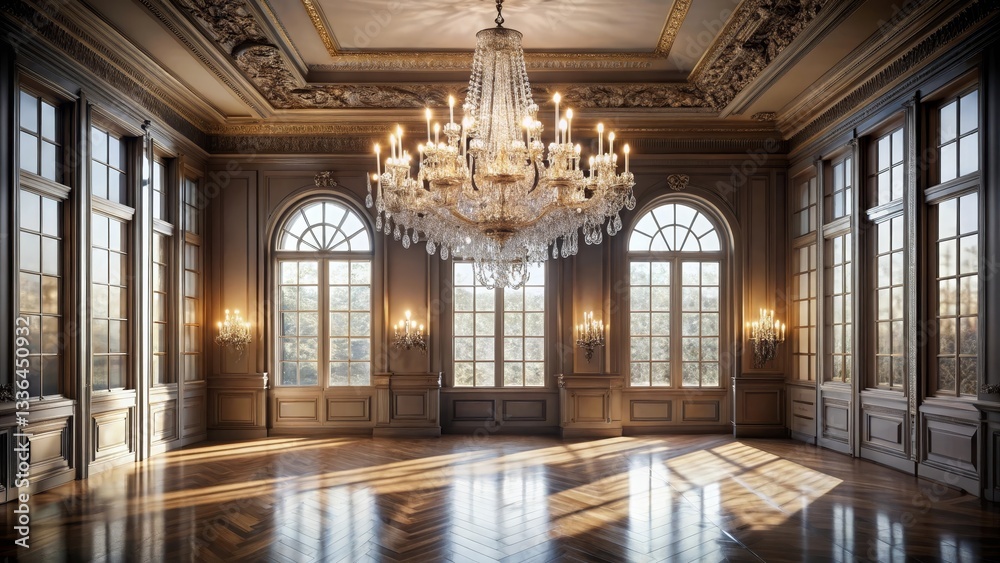 Fototapeta premium Sunlit Grandeur A Luxurious Room with Ornate Millwork, Gleaming Hardwood Floors, and a Majestic Crystal Chandelier