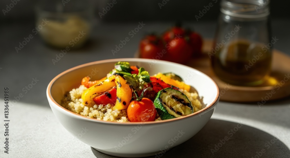 Fresh quinoa salad with grilled vegetables in sunlit kitchen Fresh quinoa salad with grilled vegetables in sunlit kitchen
