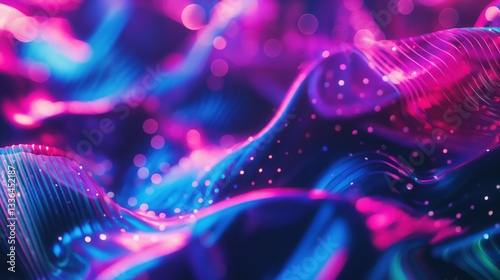 vibrant neon waves in flowing magenta and blue hues with glowing dots adding energy on dark background copyspace concept of technology innovation digital marketing