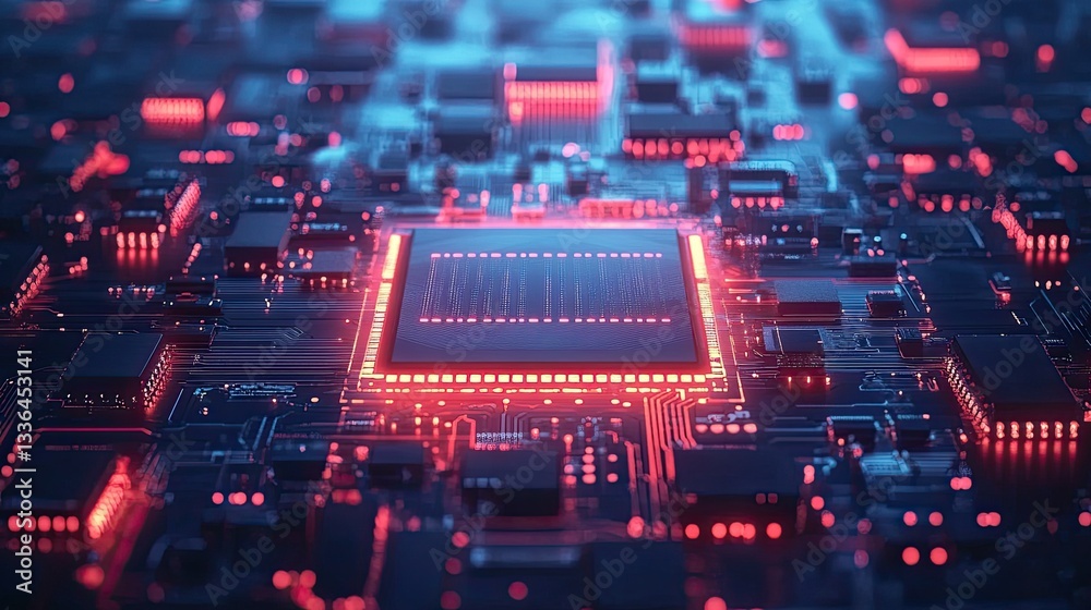 Futuristic computer circuit board with illuminated lights in blue backdrop, symbolizing technology, innovation, and the digital age, ideal for tech-related content. Futuristic computer circuit board with illuminated lights in blue backdrop, symbolizing technology, innovation, and the digital age, ideal for tech-related content.