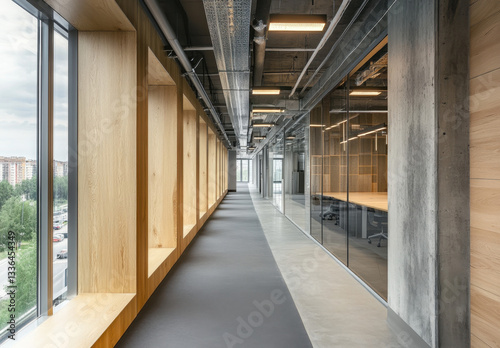 A sleek office interior features a long hallway with wooden accents, expansive glass windows, and modern design elements. Natural light fills the space, enhancing the ambiance for productivity