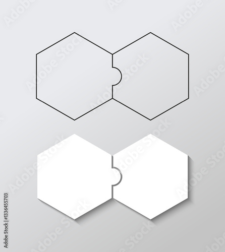 Hexagon puzzle template filled and outline. Cutting jigsaw pieces grid. Modern background with mosaic shapes. Simple frame tiles. VectHexagonal scheme of thinking game with 2 details. or illustration.