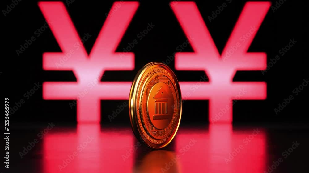 Looping video of CBDC Central Bank Digital Currency golden coin rotating in front of the yuan yen symbol in 3D animation. A new form of money issued electronically by a central banks