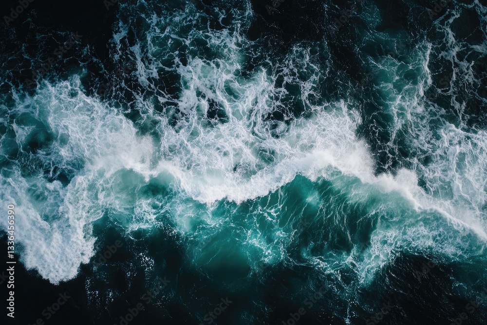 Powerful ocean waves crashing. Deep turquoise water, white foamy crests. Aerial view Powerful ocean waves crashing. Deep turquoise water, white foamy crests. Aerial view