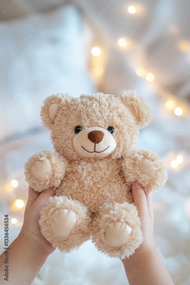 Fototapeta premium Teddy bear in child hands. Selective focus.