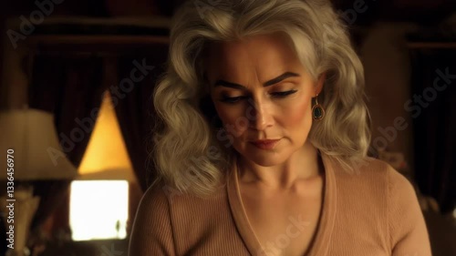 Mature woman with gray hair reading tarot cards at a cozy dimly lit table