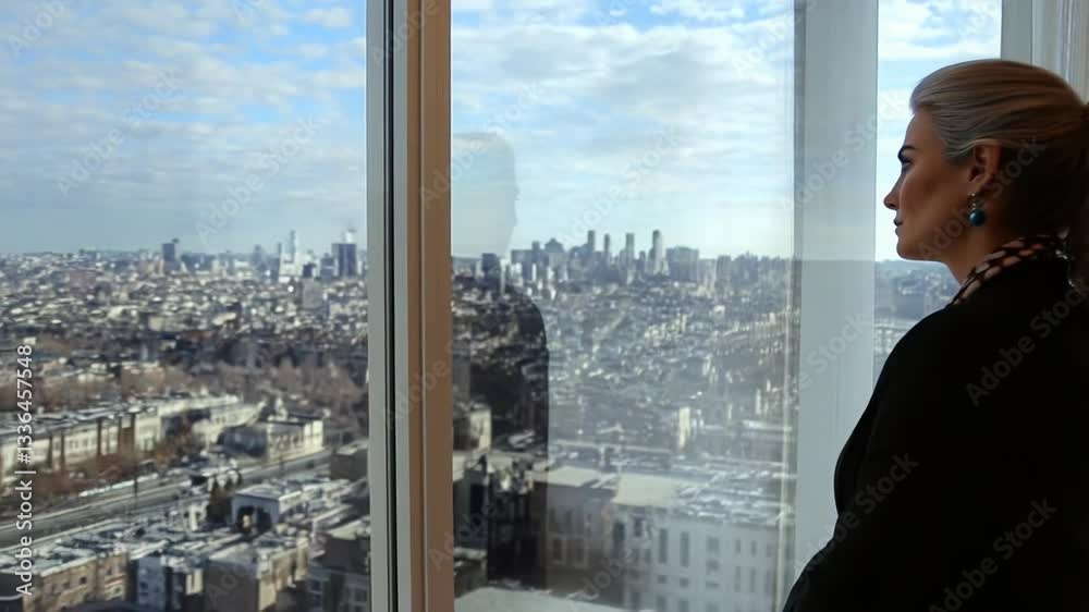 Confident businesswoman looking out office window at city skyline on a sunny day Confident businesswoman looking out office window at city skyline on a sunny day