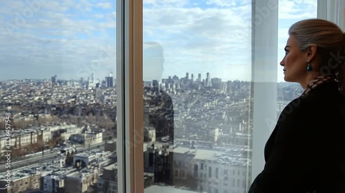 Confident businesswoman looking out office window at city skyline on a sunny day