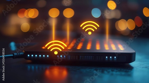 A sleek Wi-Fi router with dual-band technology delivers high-speed internet, ensuring smooth online streaming in a modern book illustration style.