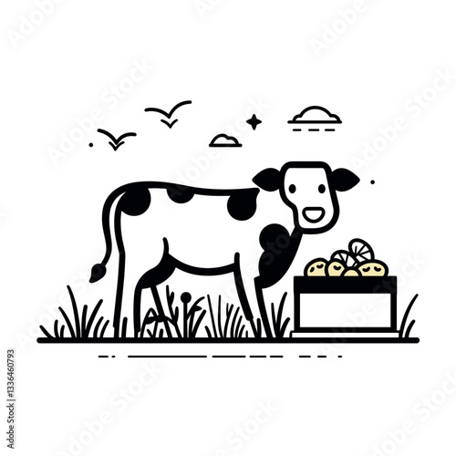 field with a beef cow with a box of produce. Flat 2d, simple lines, black and white, flat graphic design style