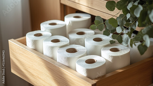 Stock of Toilet Paper Rolls Stacked at Home Bathroom Drawer, - hygiene essentials, organized space