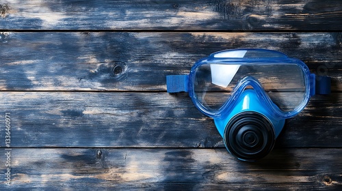 Blue Safety Respirator Mask on Rustic Wood Background