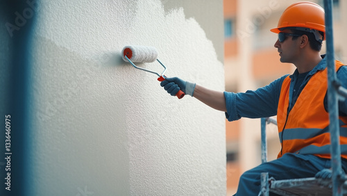 Industrial Worker Painting Building Facade with Painting Roller Brush on Scaffolding, Wearing Personal Protective Equipment for Construction Safety - Hard Hat Helmet and Vest photo
