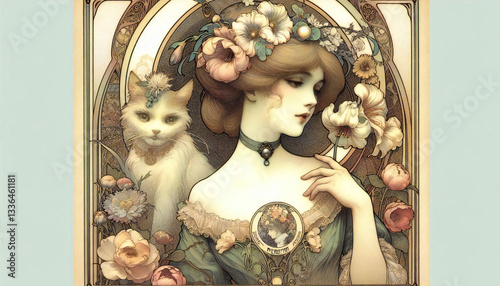 A decorative painting of a cat and a woman, generated by AI.	