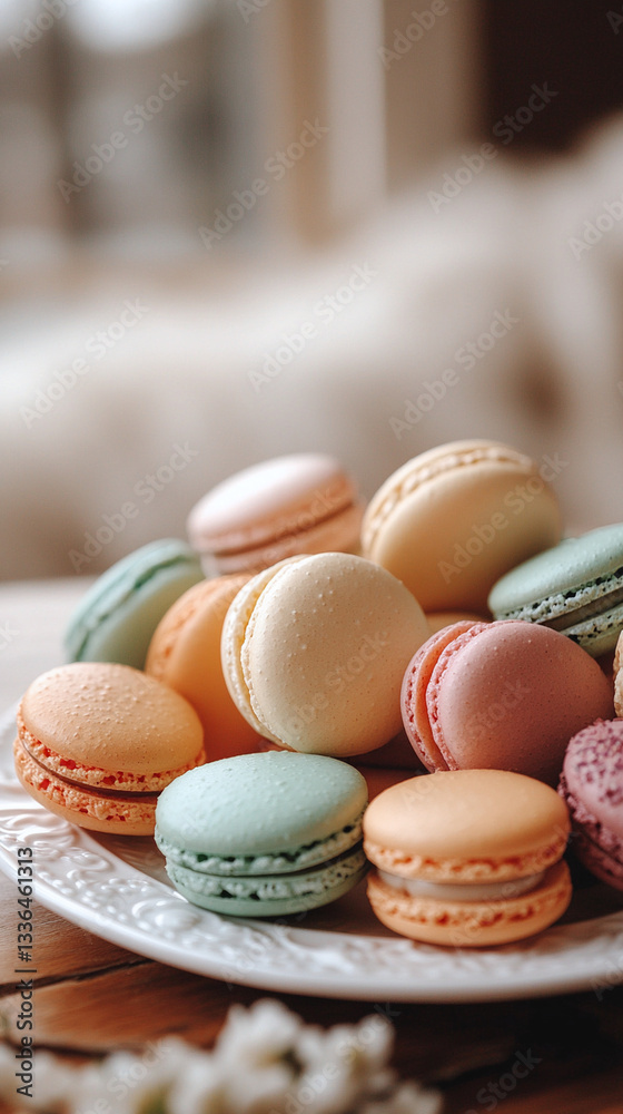 Close-up of colorful macarons on a plate. Close-up of colorful macarons on a plate.