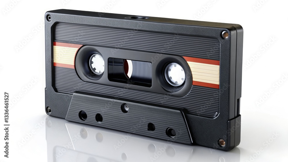 Obraz premium A black 80s cassette tape, a relic of analog sound, stands against a white background, embodying retro music technology.