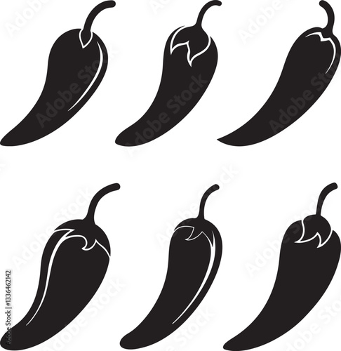 set of chili pepper silhouette, black and white silhouette, vector and illustration