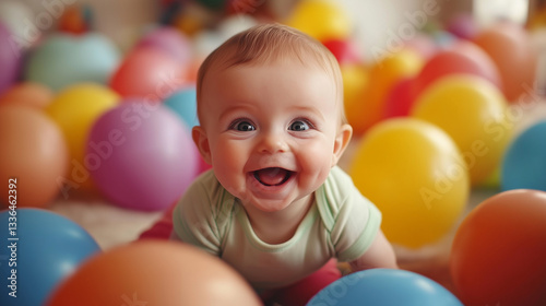 Baby plays joyfully in a colorful ball pit surrounded by cheerful balloons in a bright playroom