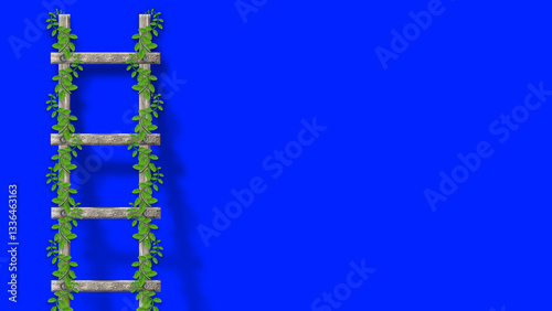 wooden ladder covered with green vine on dark blue wall with shadow. realistic ladder illustration.