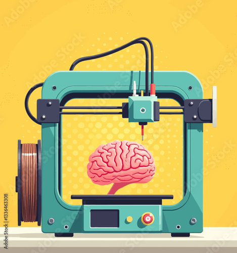 3D printer creating a pink brain on yellow background