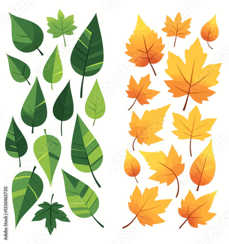 Assorted Green and Gold Leaf Illustrations Isolated