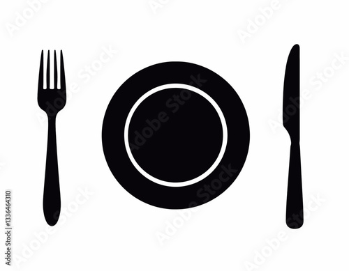 Black Plate Setting with Fork and Knife Silhouette