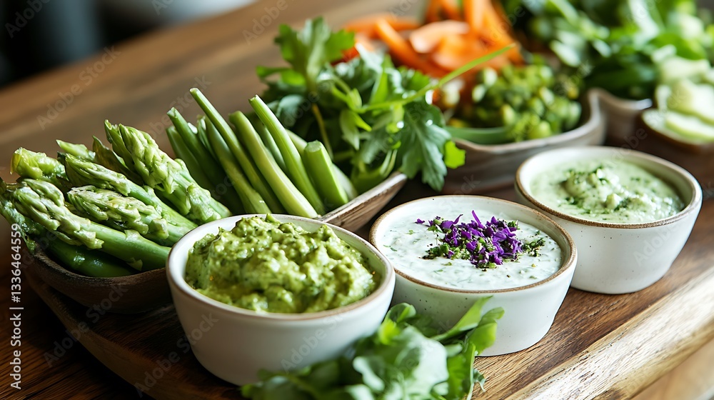 Green spring vegetable appetizer platter with dips Green spring vegetable appetizer platter with dips