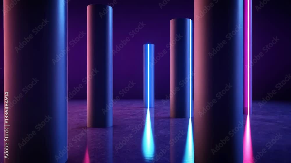 Light installation featuring illuminated columns in a contemporary art space during the night