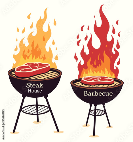 Cartoon Barbecue Grills with Steaks and Flames Graphic