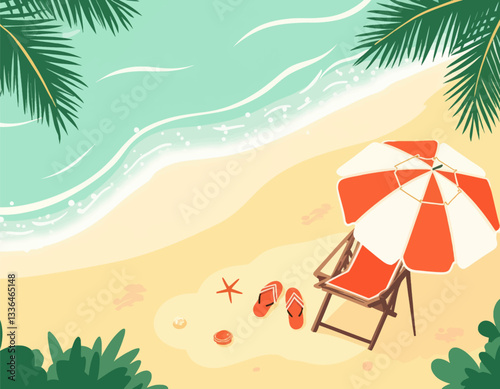 Cartoon beach scene with chair, umbrella, and flip-flops