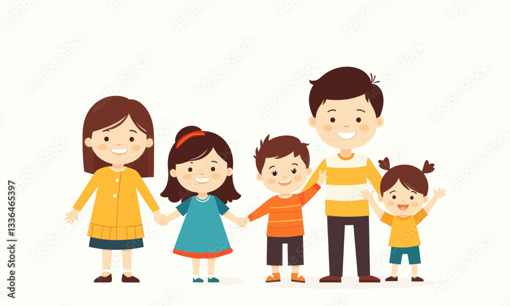 Cartoon illustration of smiling family holding hands Cartoon illustration of smiling family holding hands