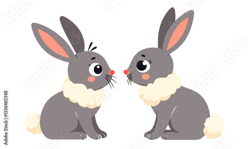 Cartoon Gray Bunnies with Red Noses Facing Each Other